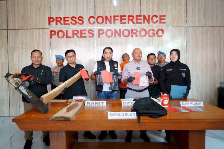 Polres Ponorogo Berhasil Ungkap Ilegal Logging, Tersangka dan Ratusan Batang Kayu Hutan Diamankan